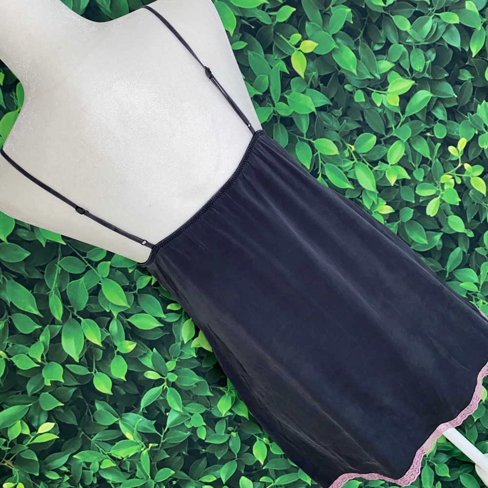 Victoria’s Secret Silk Slip Dress · Dark Gray w/ Pink Lace Trim · Size L - Picture 5 of 5